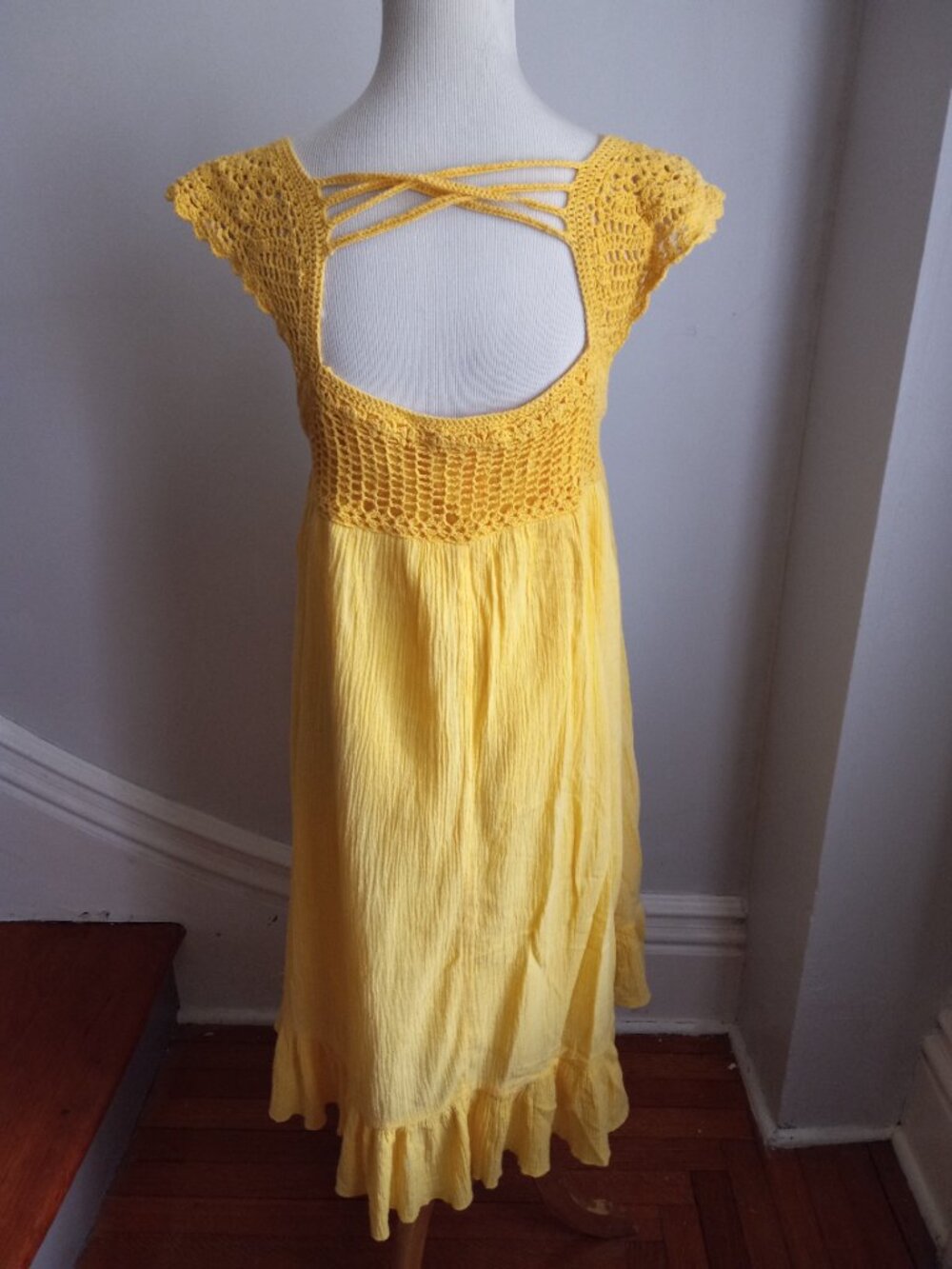 VINTAGE 70S CANDIE'S YELLOW COTTON GAUZE CROCHET DRESS XL L - Picture 3 of 5